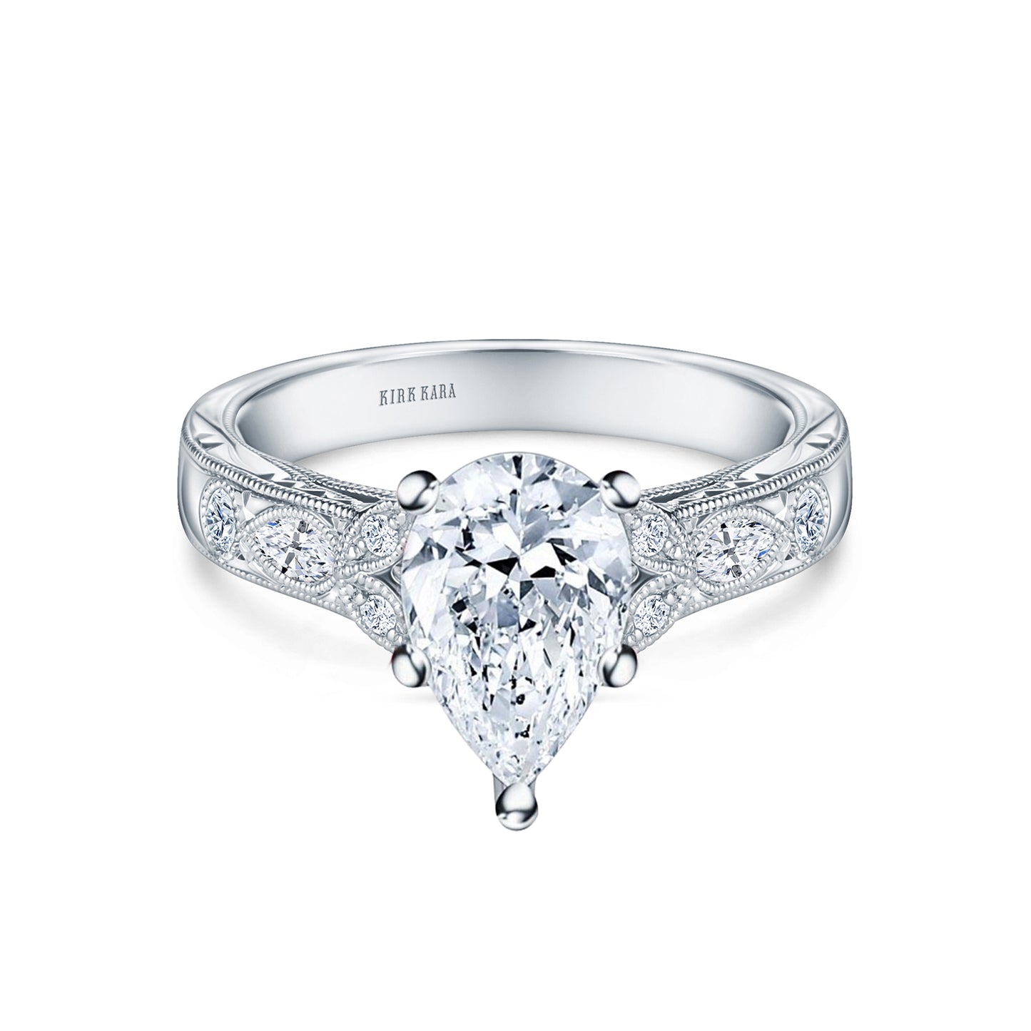 Floral Engraved Marquise Diamond Engagement Ring