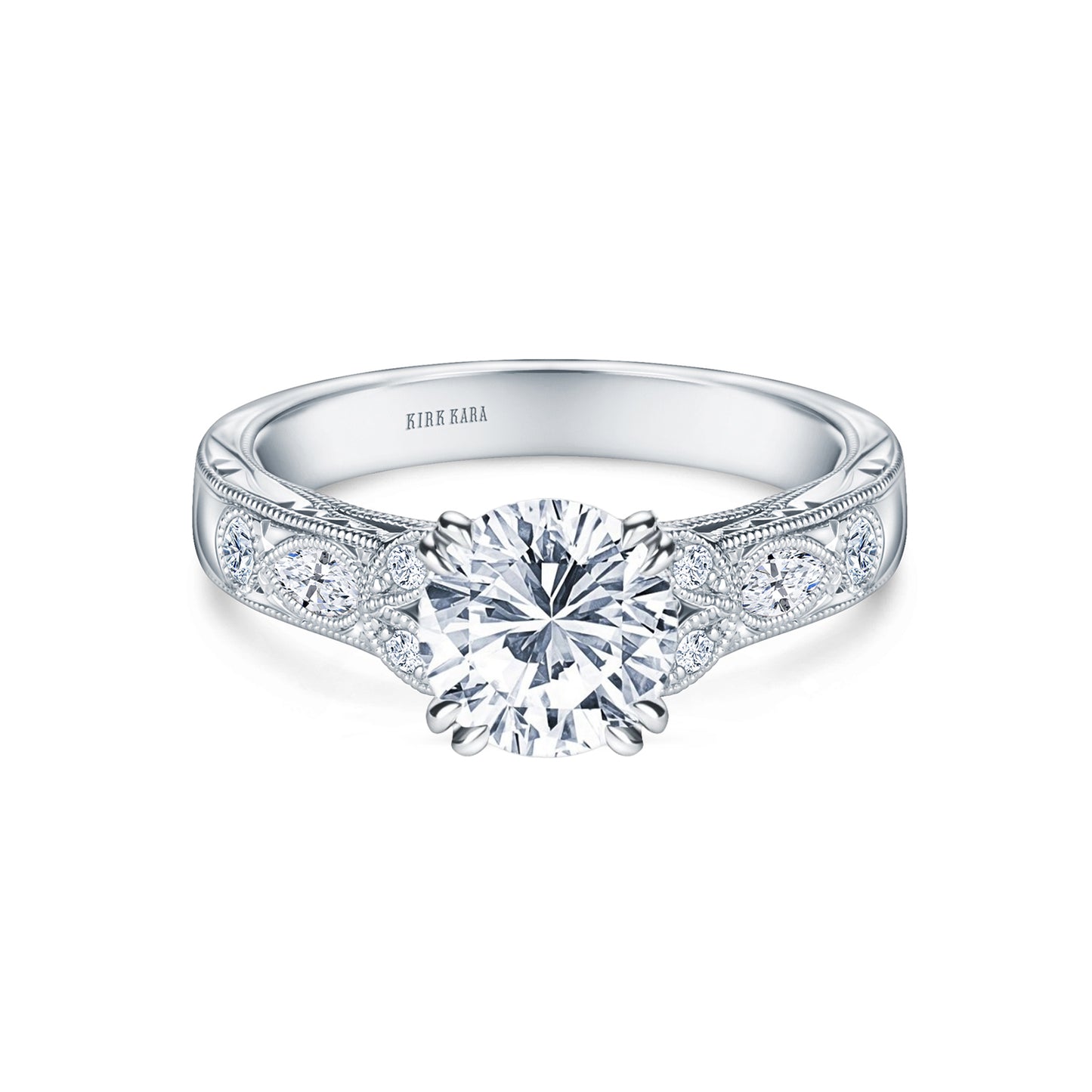 Floral Engraved Marquise Diamond Engagement Ring