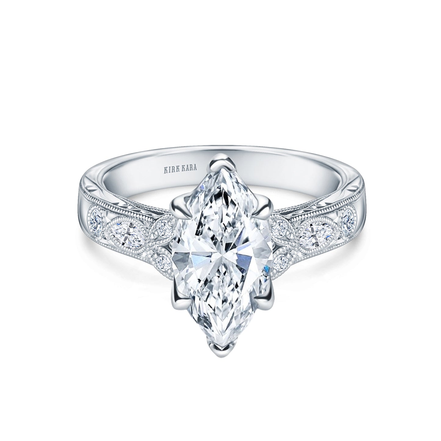 Floral Engraved Marquise Diamond Engagement Ring