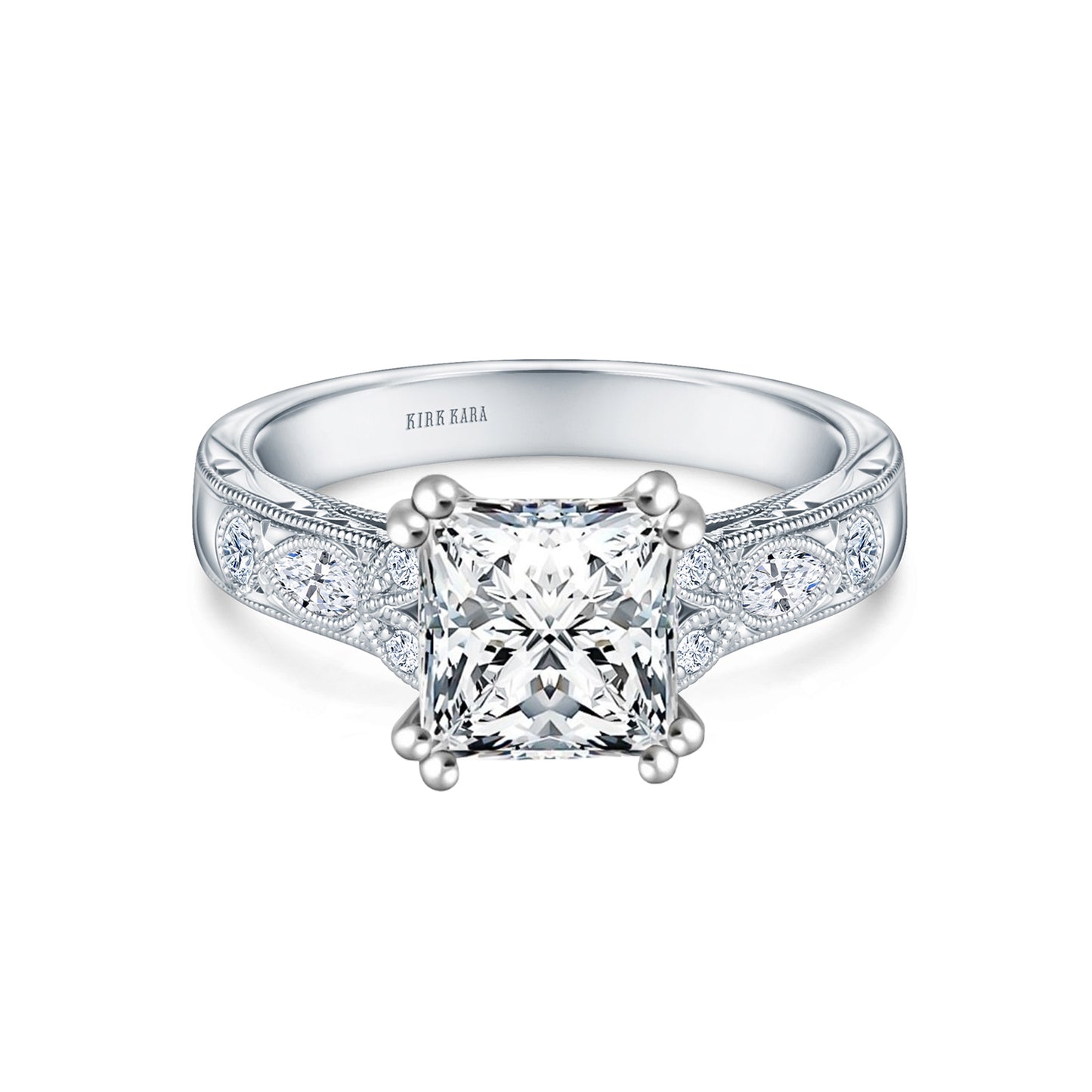Floral Engraved Marquise Diamond Engagement Ring