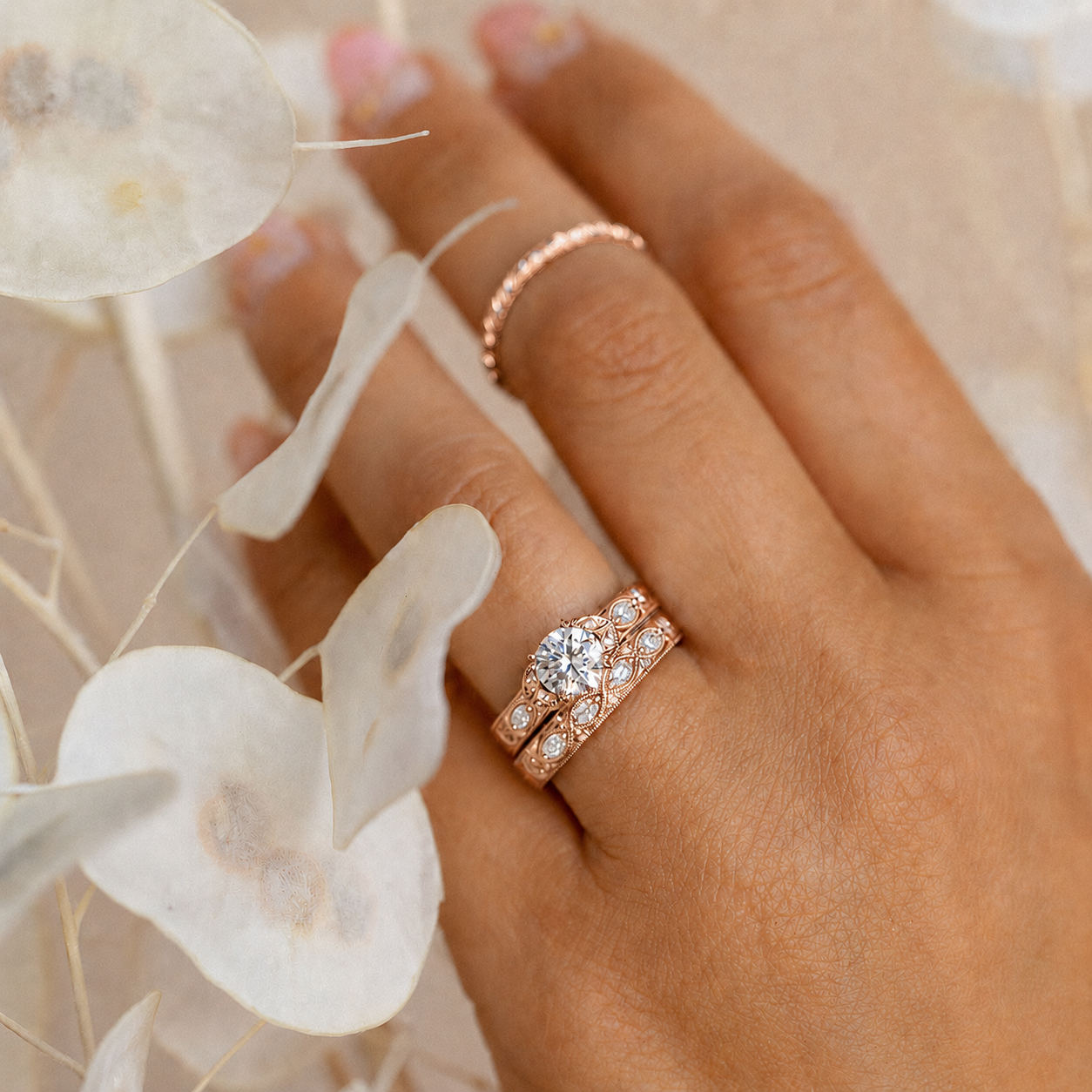 Floral Engraved Marquise Diamond Engagement Ring