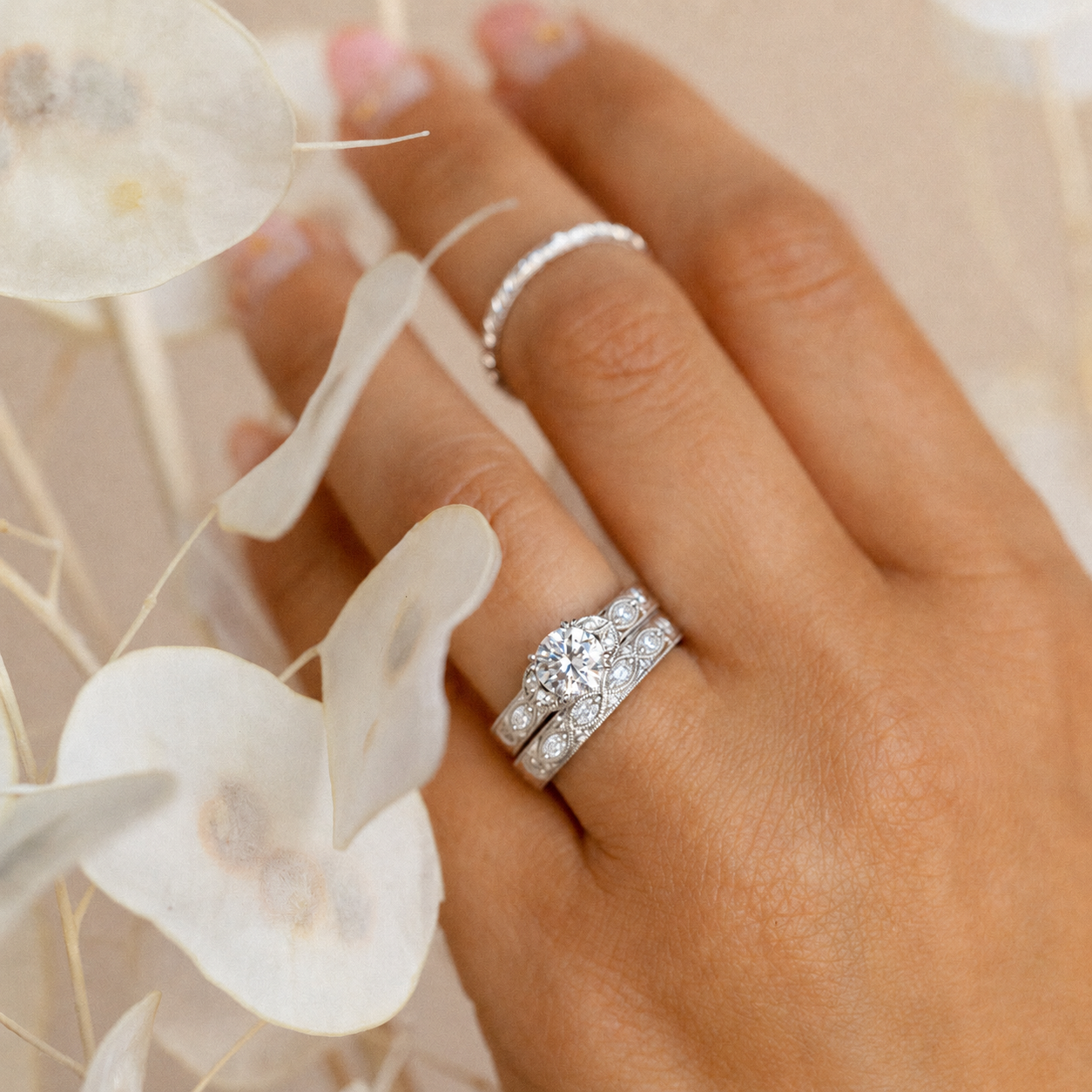 Floral Engraved Marquise Diamond Engagement Ring