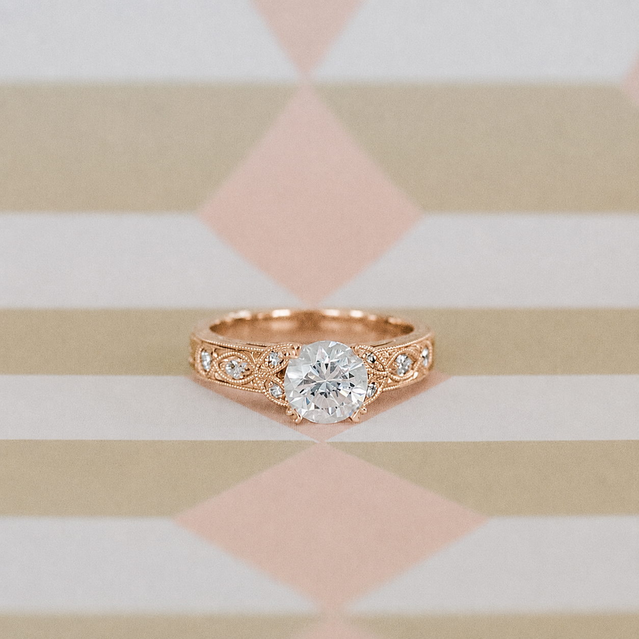 Floral Engraved Marquise Diamond Engagement Ring