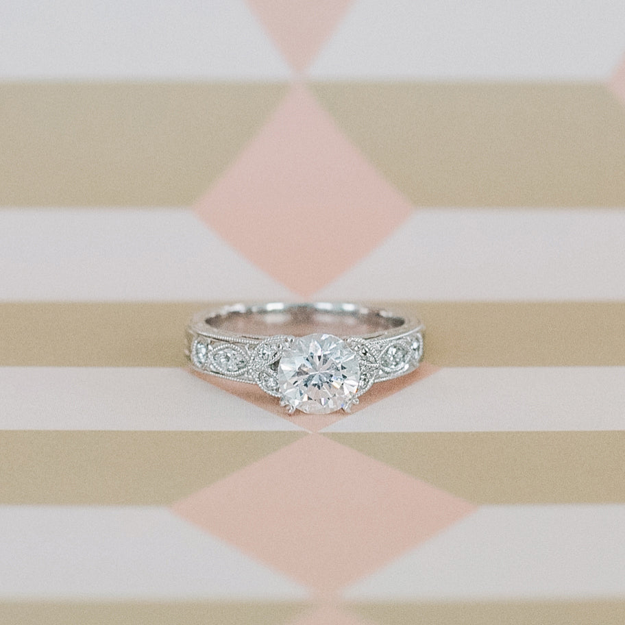 Floral Engraved Marquise Diamond Engagement Ring