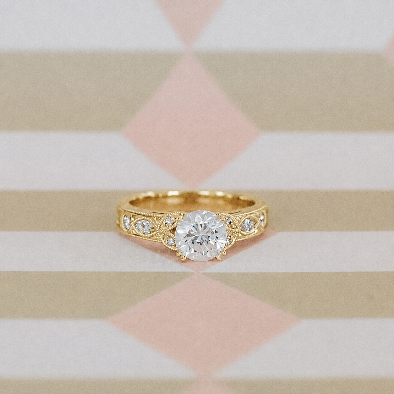 Floral Engraved Marquise Diamond Engagement Ring
