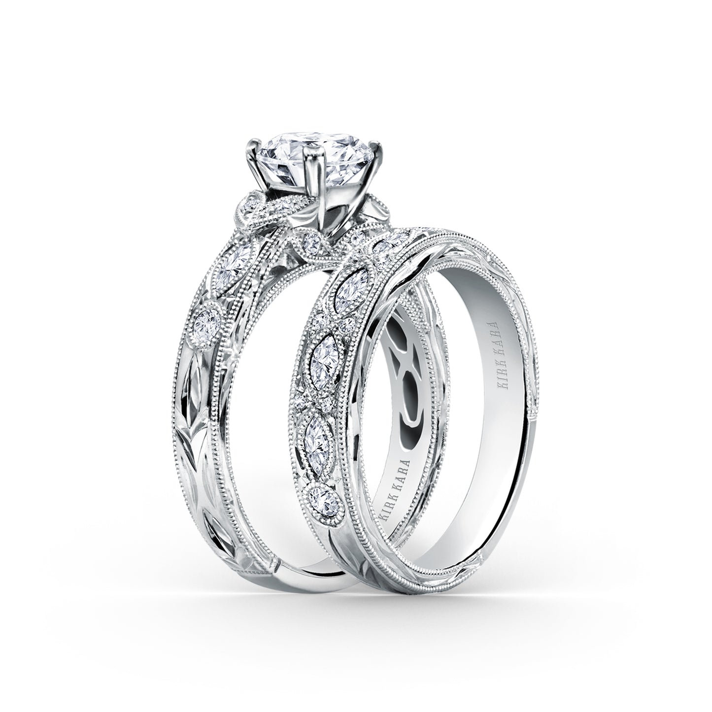 Floral Engraved Marquise Diamond Engagement Ring