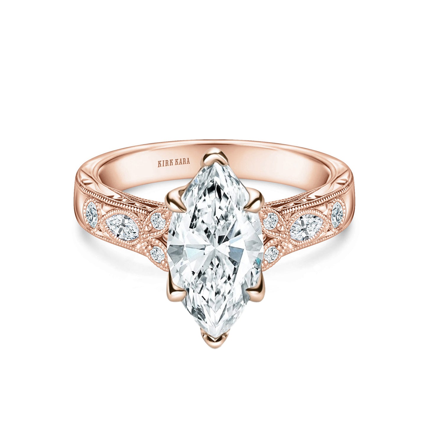 Floral Engraved Marquise Diamond Engagement Ring