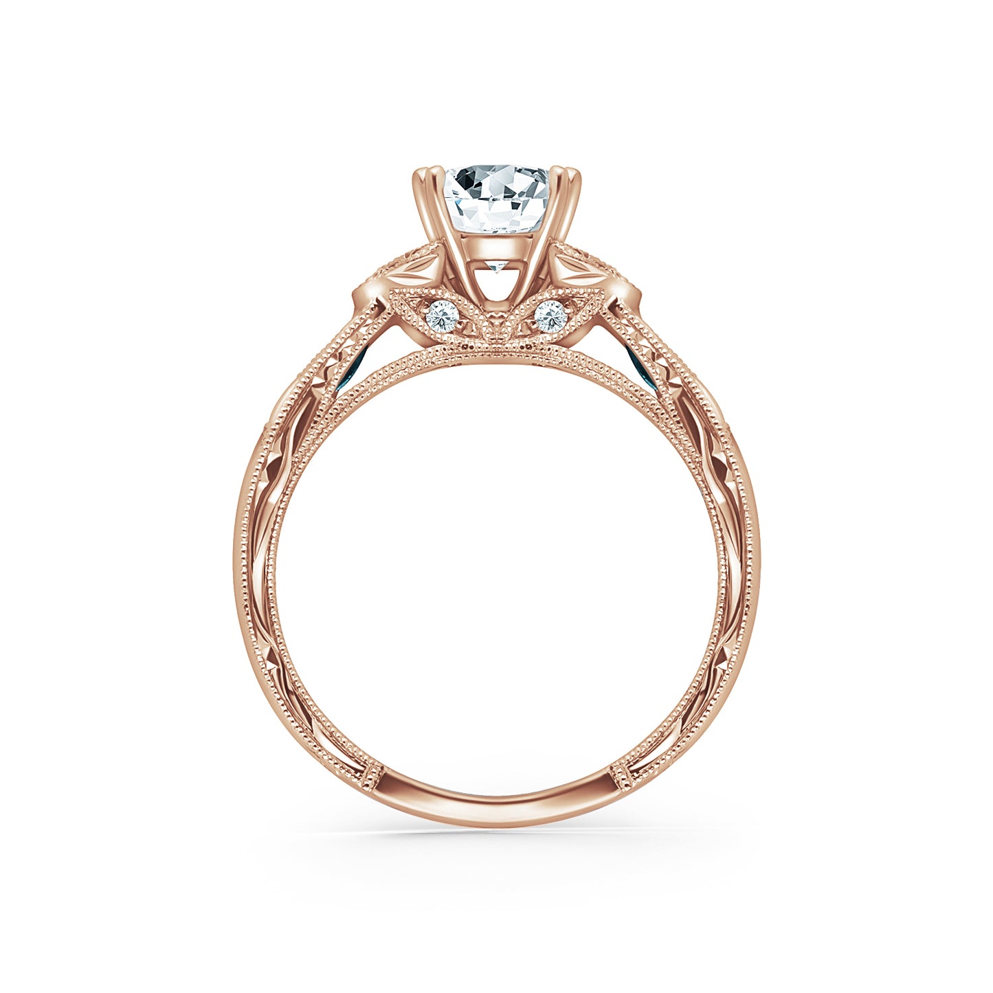 Blue Sapphire Floral Diamond Engraved Engagement Ring