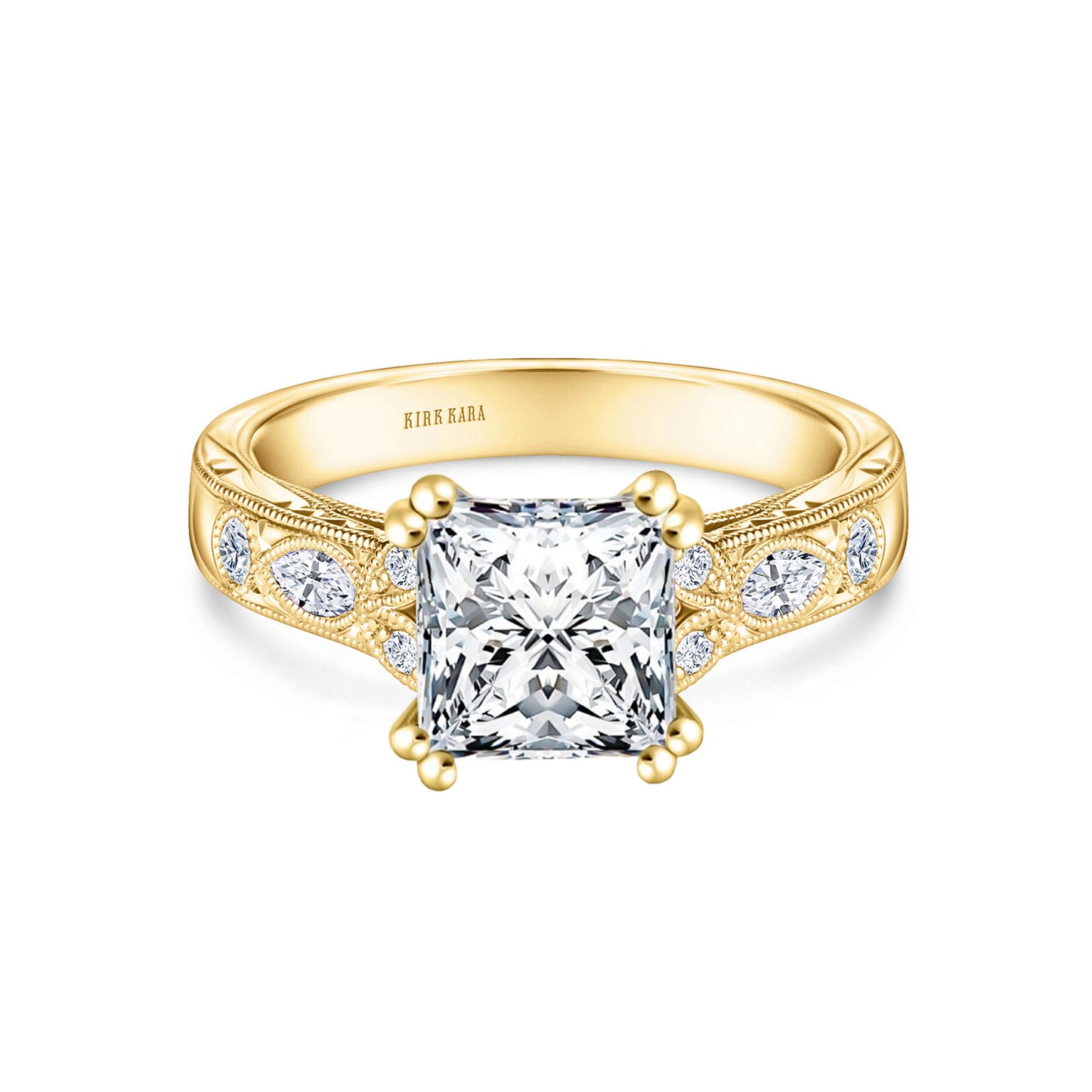 Floral Engraved Marquise Diamond Engagement Ring