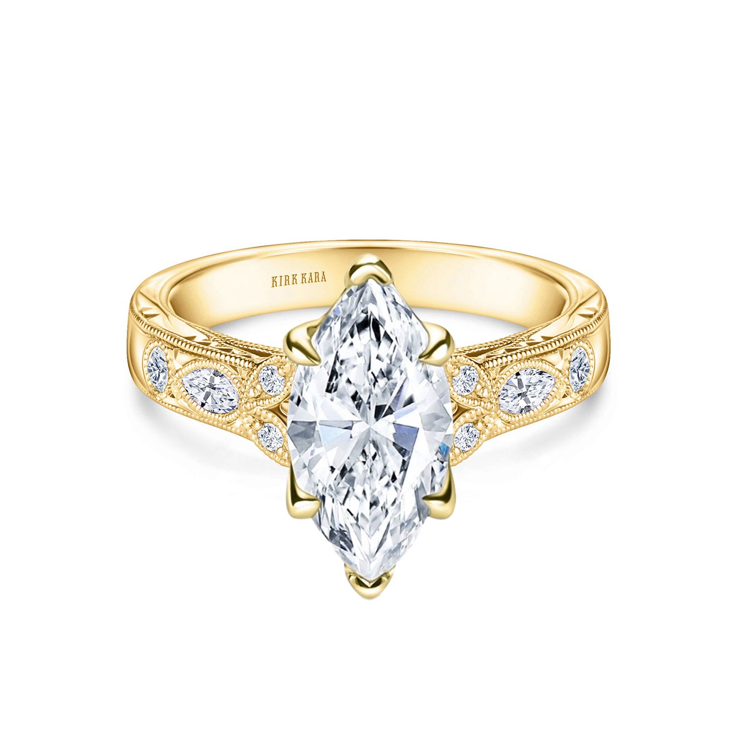 Floral Engraved Marquise Diamond Engagement Ring