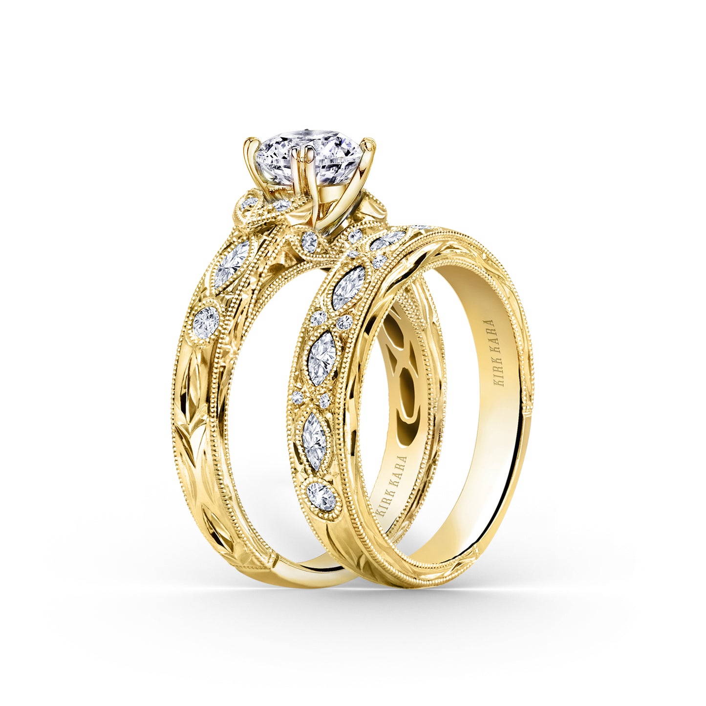 Floral Engraved Marquise Diamond Engagement Ring
