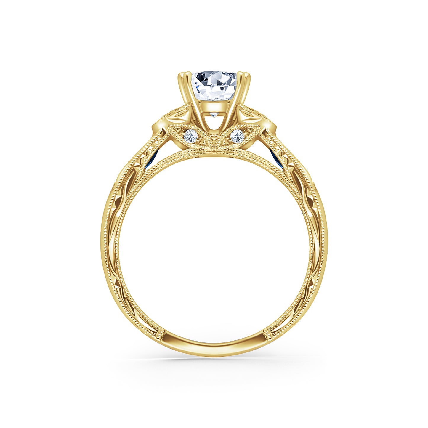 Blue Sapphire Floral Diamond Engraved Engagement Ring