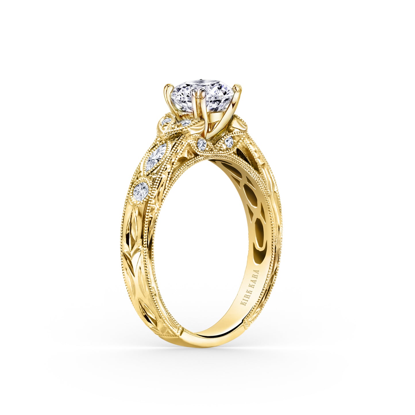 Floral Engraved Marquise Diamond Engagement Ring