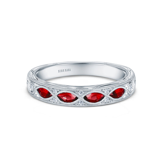 Engraved Ruby Floral Diamond Wedding Band