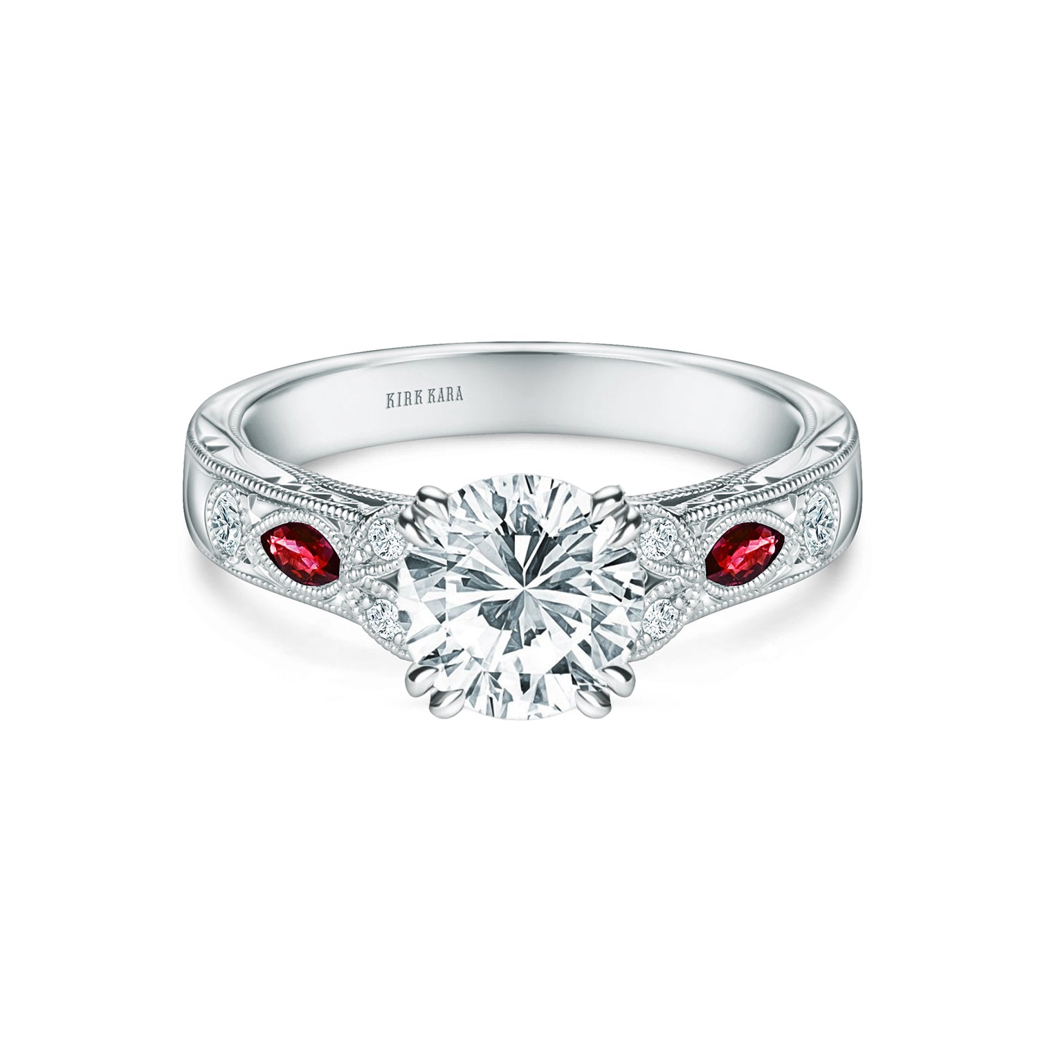 Ruby Floral Diamond Engraved Engagement Ring
