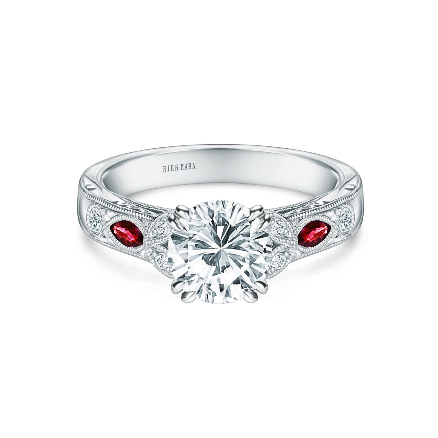 Ruby Floral Diamond Engraved Engagement Ring