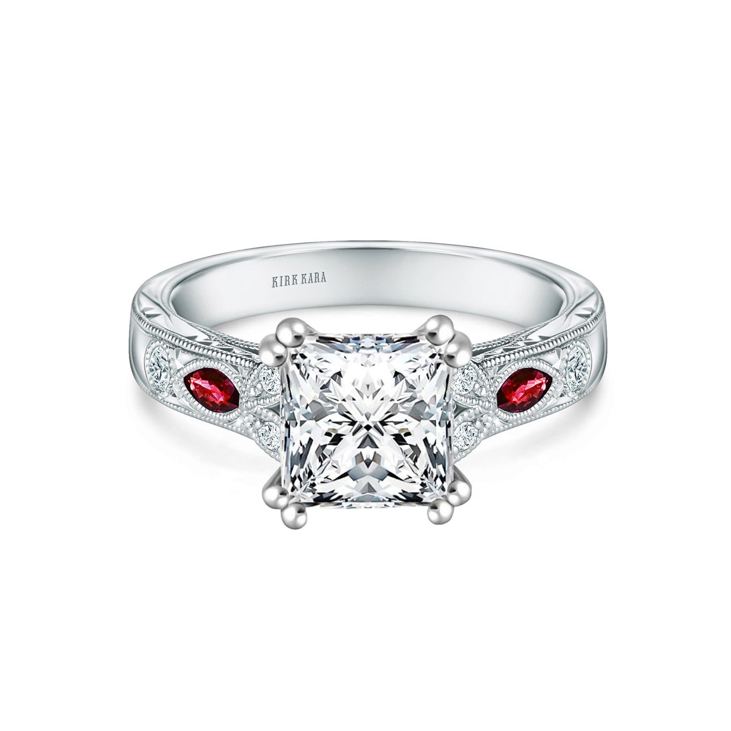 Ruby Floral Diamond Engraved Engagement Ring