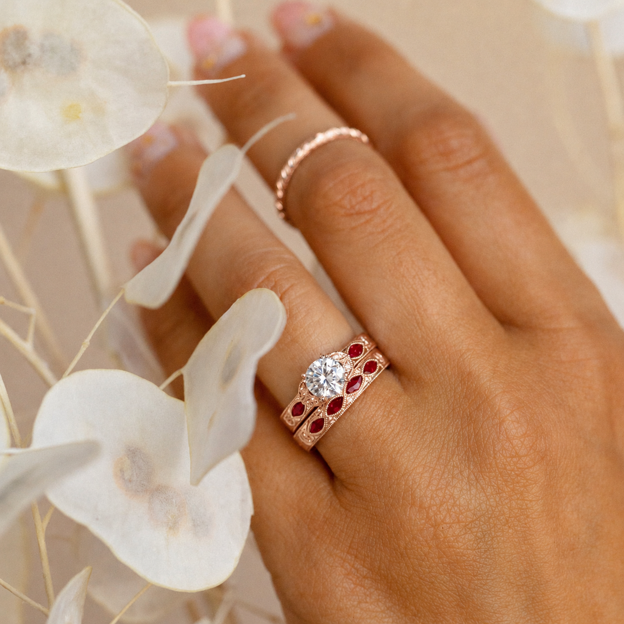 Ruby Floral Diamond Engraved Engagement Ring