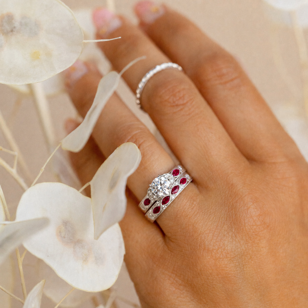 Ruby Floral Diamond Engraved Engagement Ring