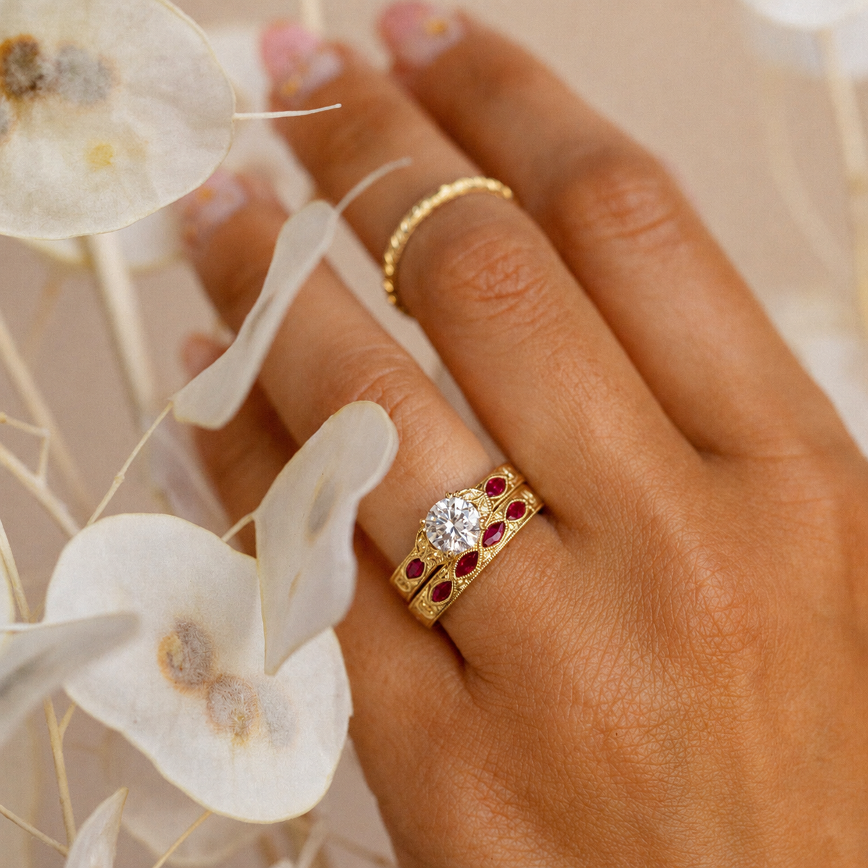 Ruby Floral Diamond Engraved Engagement Ring