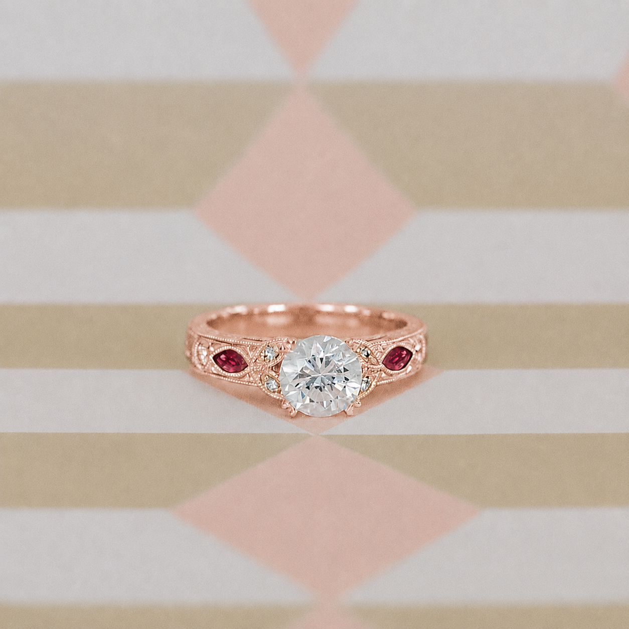 Ruby Floral Diamond Engraved Engagement Ring