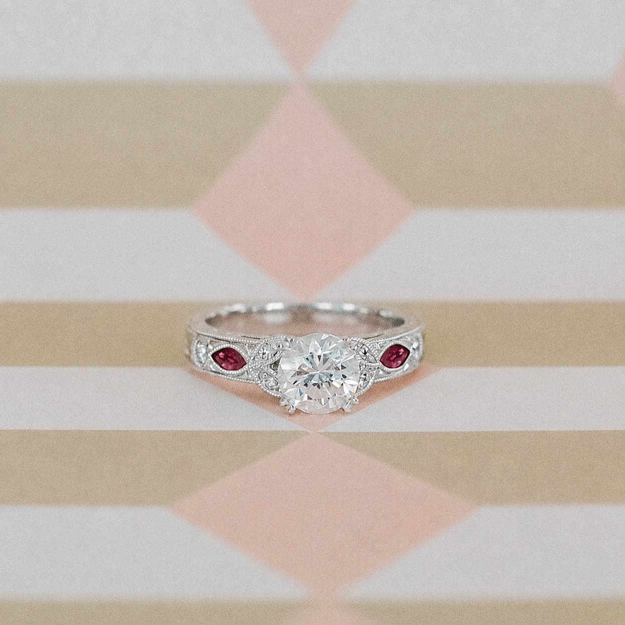 Ruby Floral Diamond Engraved Engagement Ring