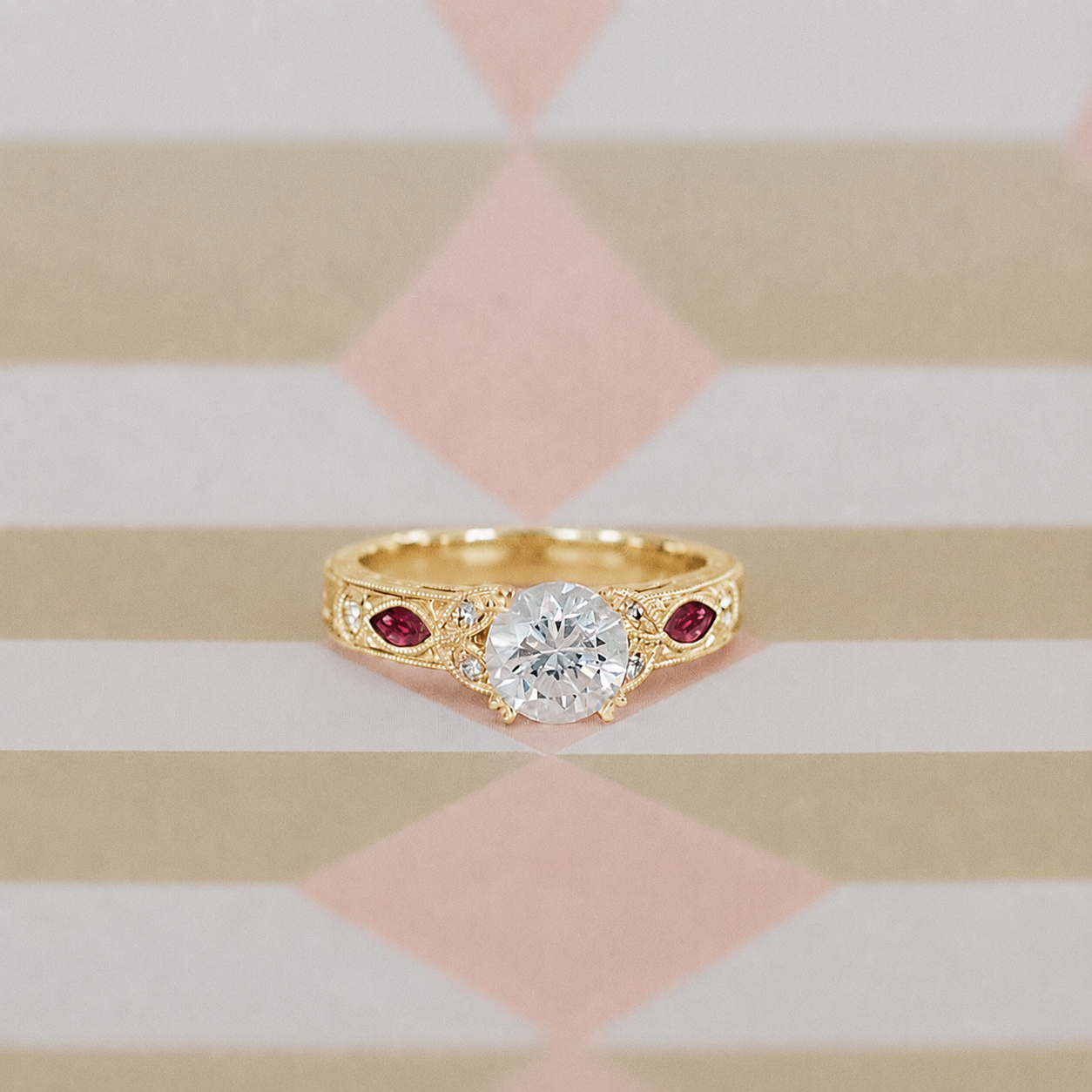 Ruby Floral Diamond Engraved Engagement Ring