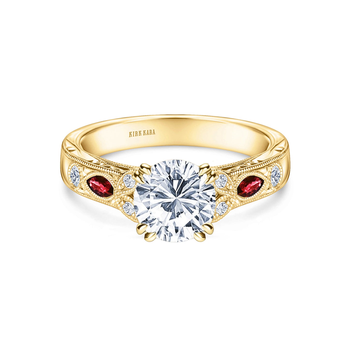 Ruby Floral Diamond Engraved Engagement Ring
