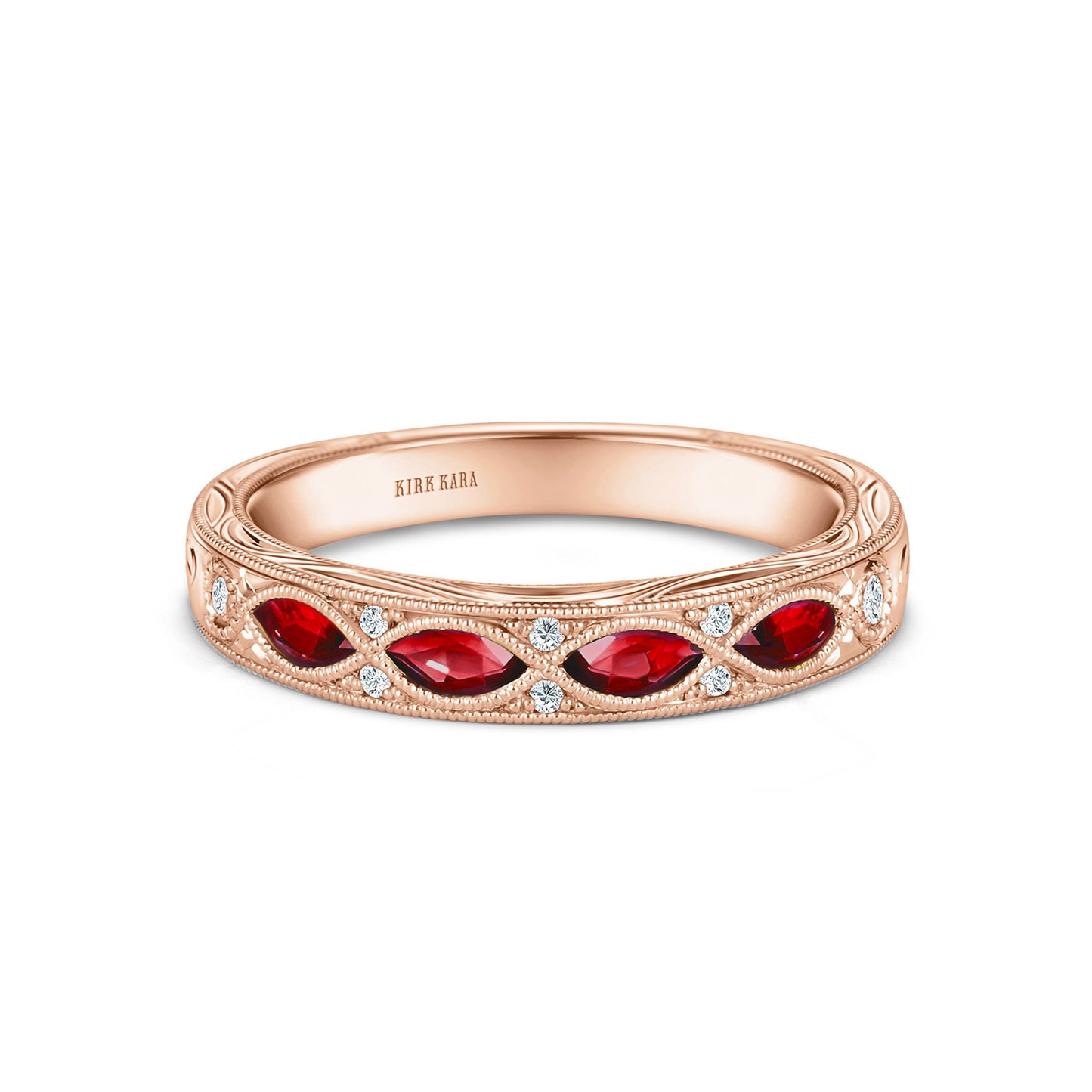 Engraved Ruby Floral Diamond Wedding Band