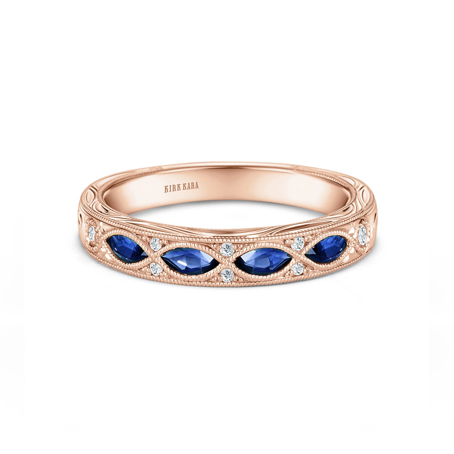 14K Rose Engraved Sapphire Floral Diamond Wedding Band