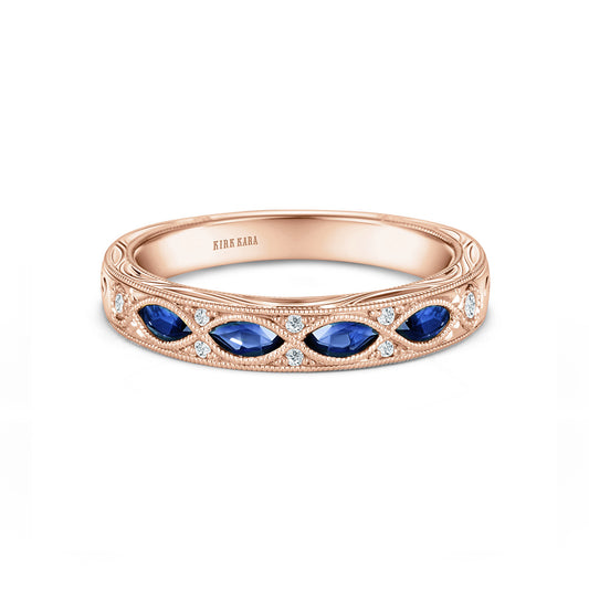 14K Rose Engraved Sapphire Floral Diamond Wedding Band