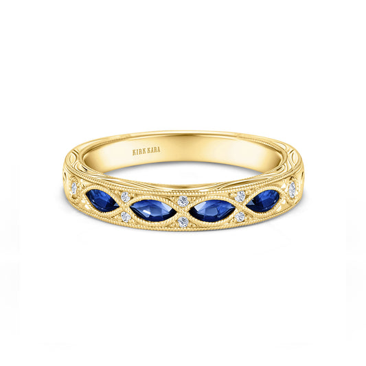 14K Yellow Engraved Sapphire Floral Diamond Wedding Band