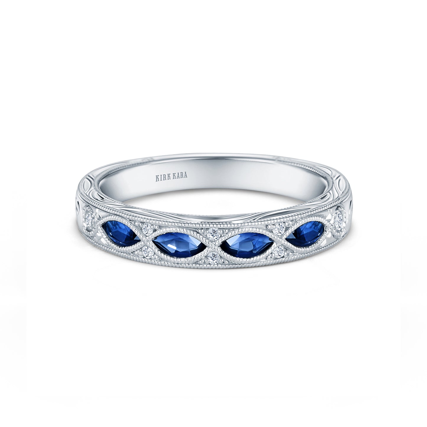 Engraved Sapphire Floral Diamond Wedding Band