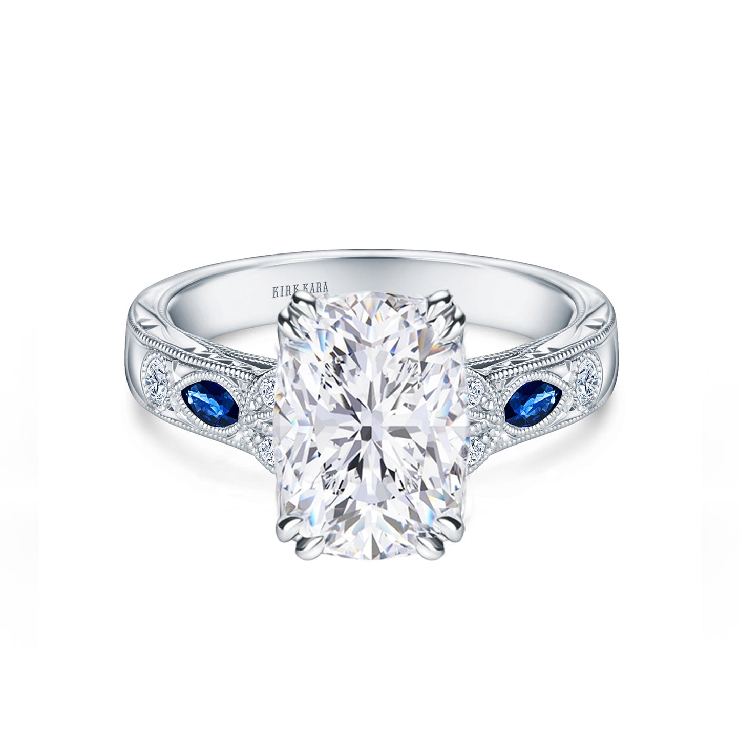 Blue Sapphire Floral Diamond Engraved Engagement Ring