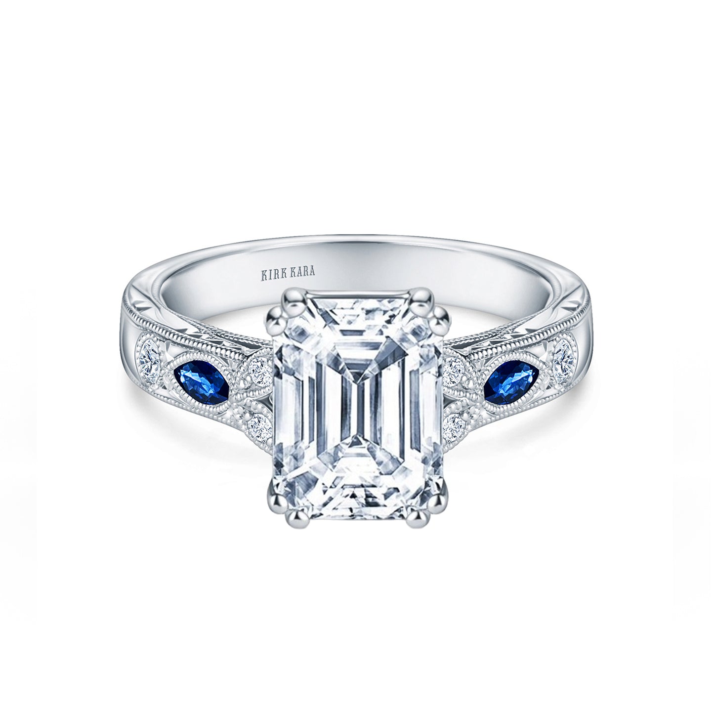 Blue Sapphire Floral Diamond Engraved Engagement Ring