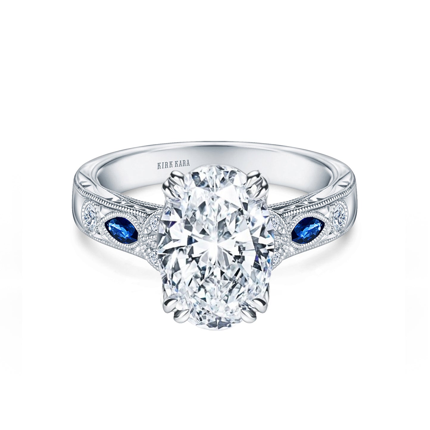 Blue Sapphire Floral Diamond Engraved Engagement Ring