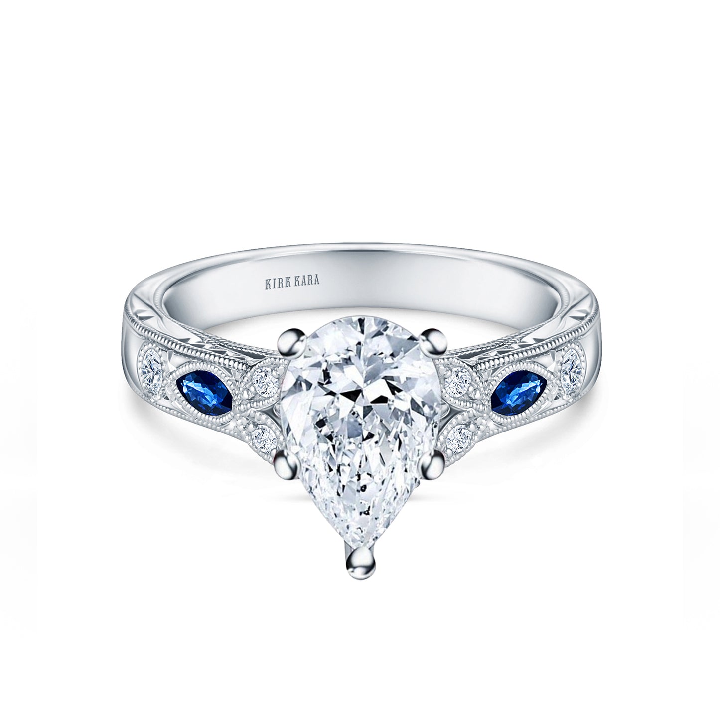 Blue Sapphire Floral Diamond Engraved Engagement Ring