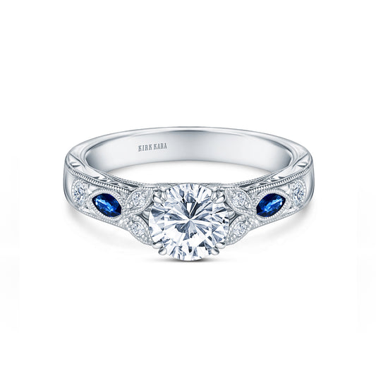 18K White Gold Sapphire Floral Diamond Engraved Engagement Ring
