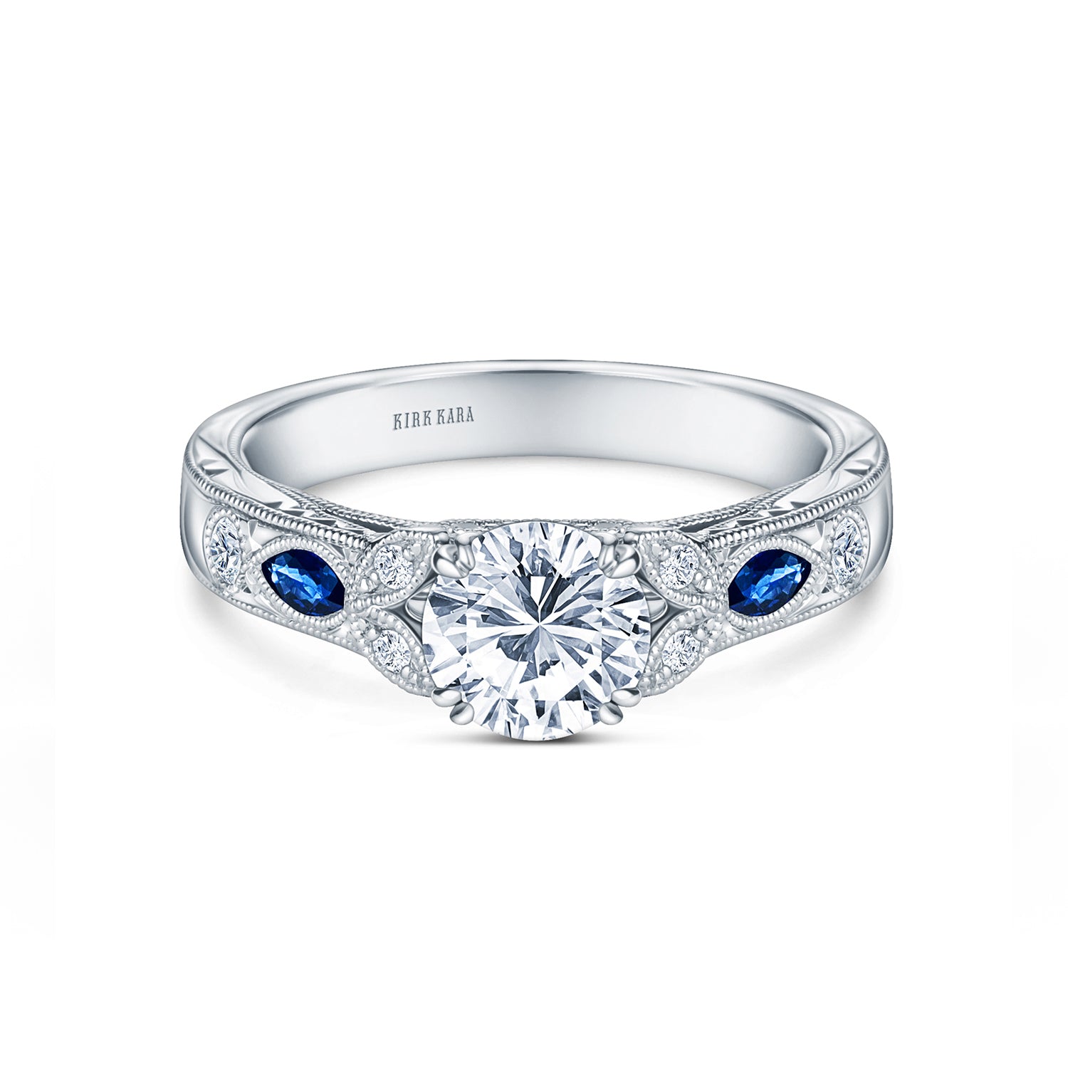 Sapphire Floral Diamond Engraved Engagement Ring