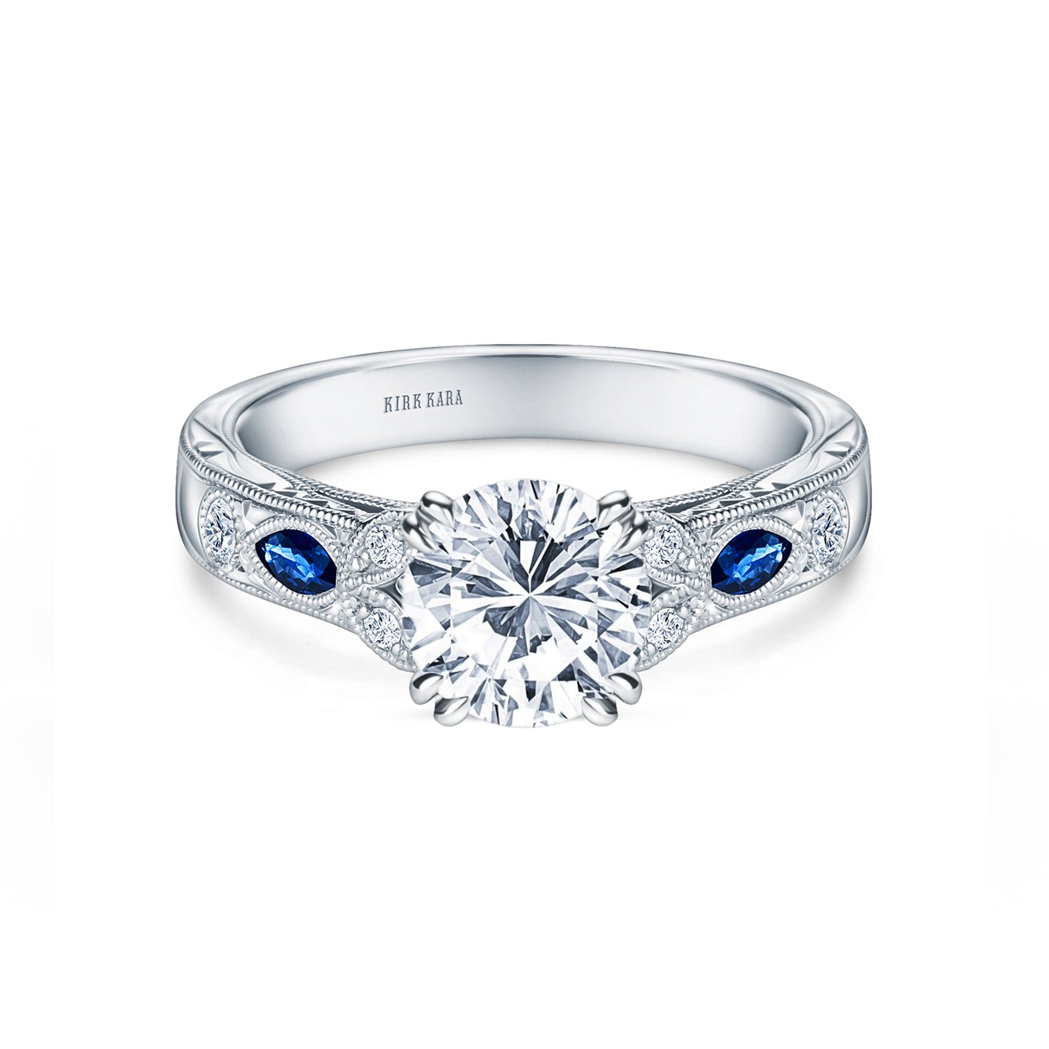 Blue Sapphire Floral Diamond Engraved Engagement Ring