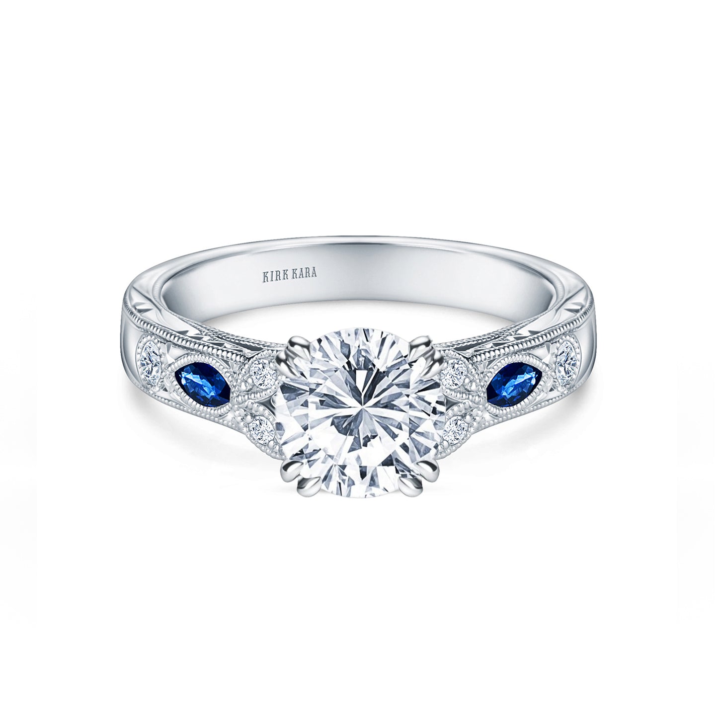 Blue Sapphire Floral Diamond Engraved Engagement Ring