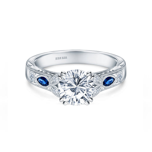 Blue Sapphire Floral Diamond Engraved Engagement Ring