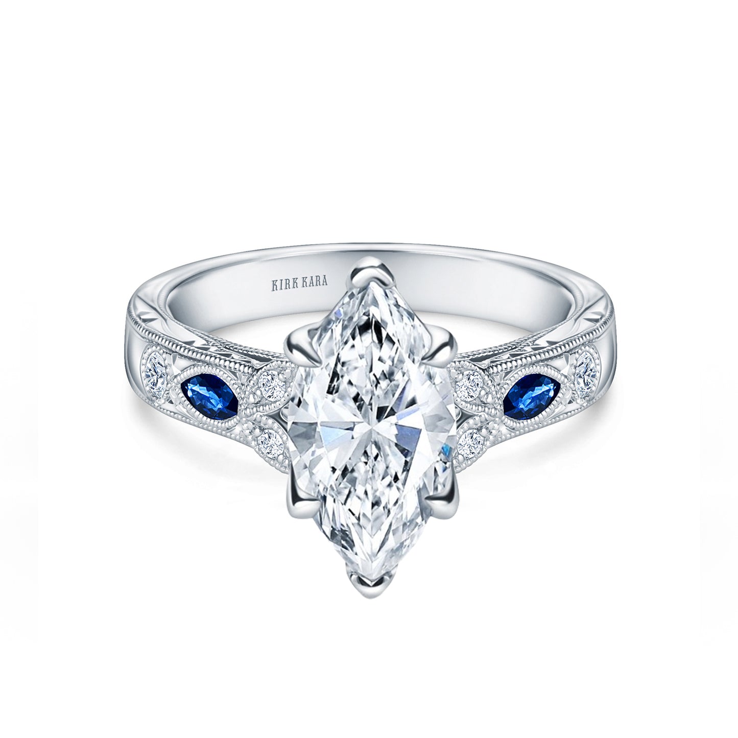 Blue Sapphire Floral Diamond Engraved Engagement Ring