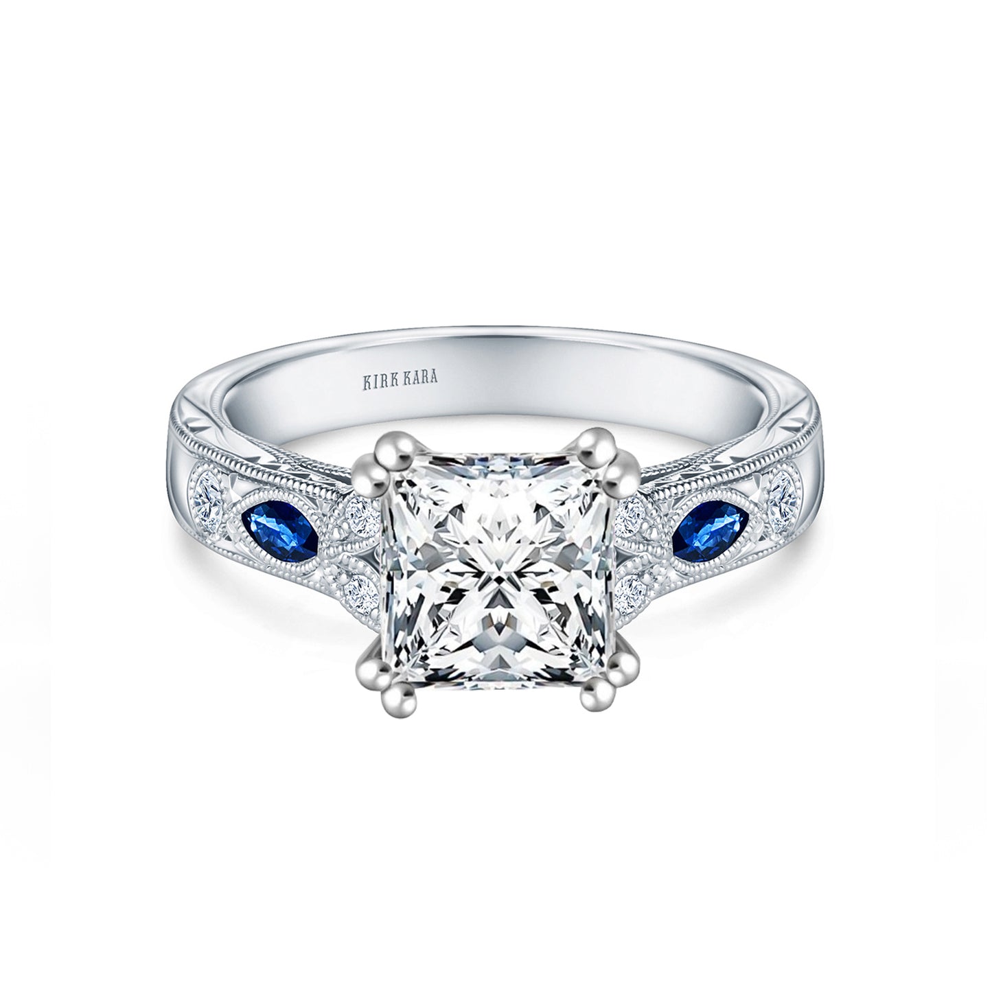 Blue Sapphire Floral Diamond Engraved Engagement Ring