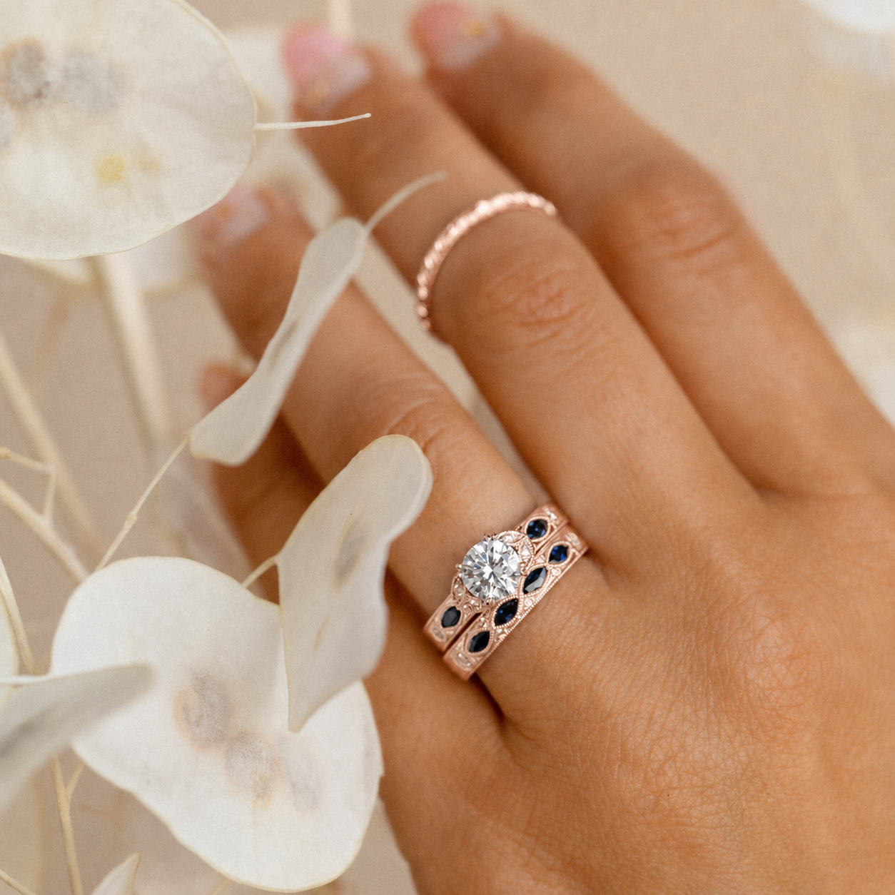 Blue Sapphire Floral Diamond Engraved Engagement Ring