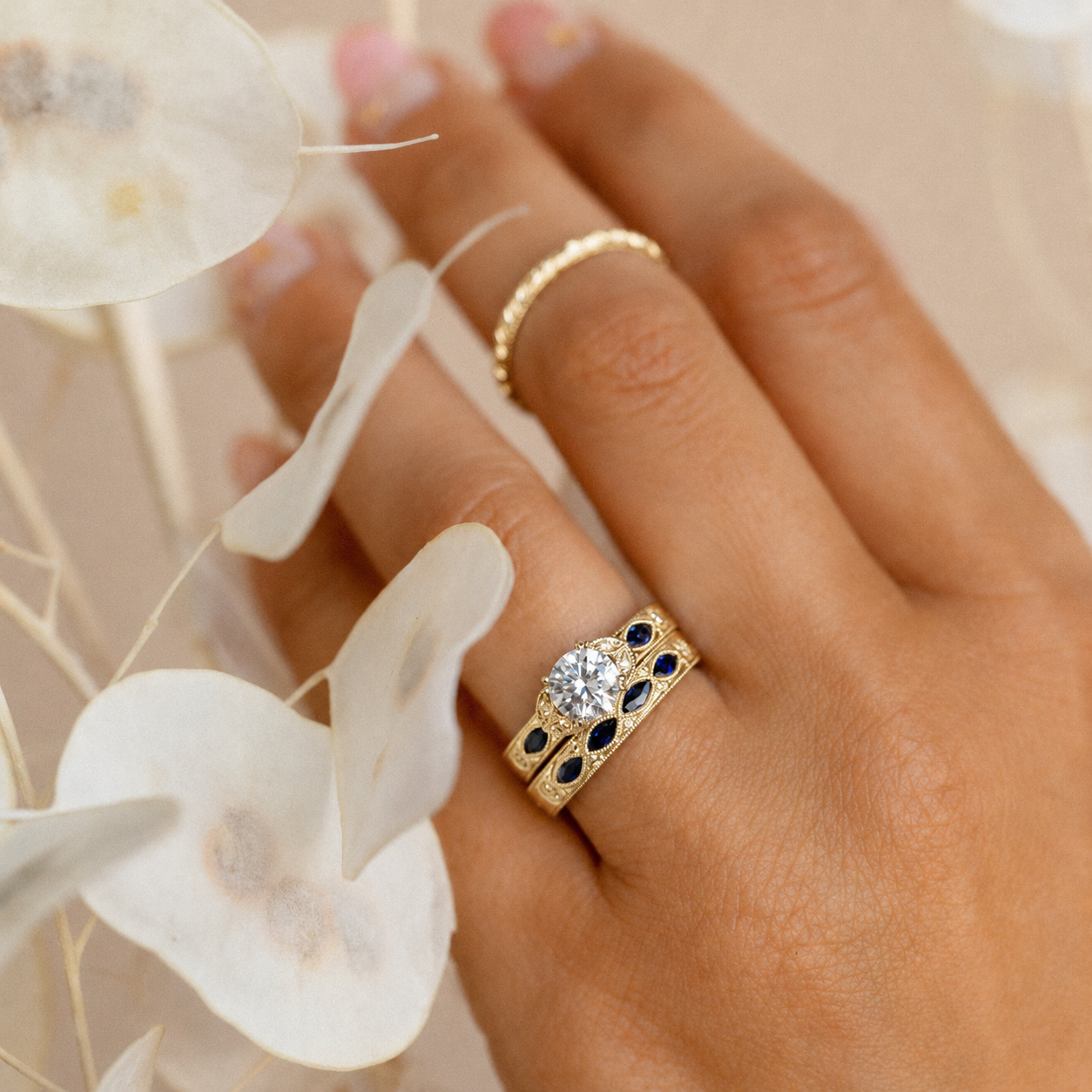 Blue Sapphire Floral Diamond Engraved Engagement Ring