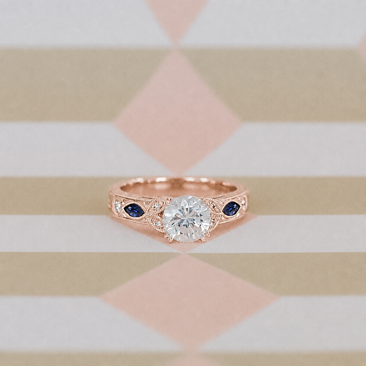 Blue Sapphire Floral Diamond Engraved Engagement Ring