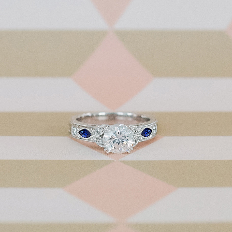Blue Sapphire Floral Diamond Engraved Engagement Ring