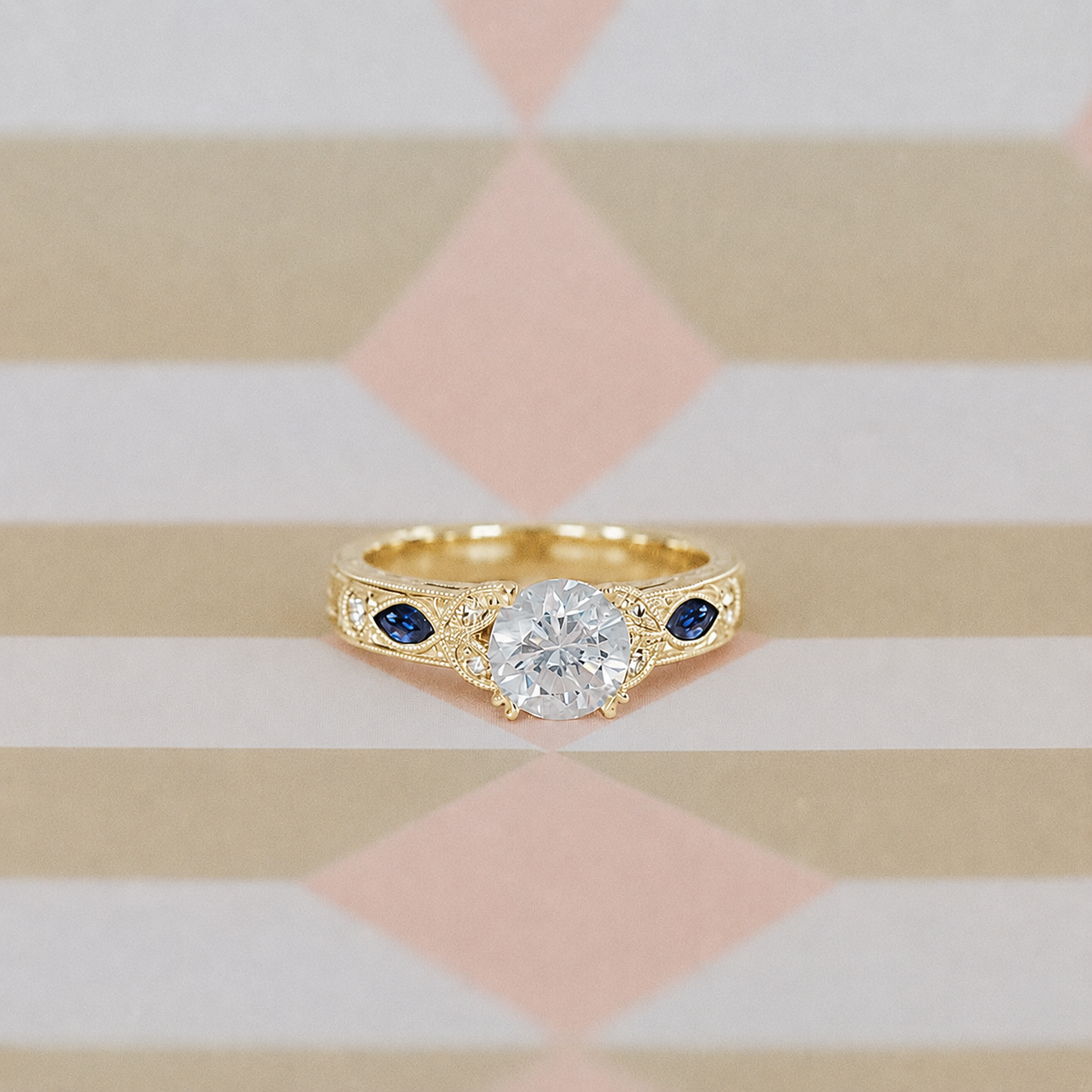 Blue Sapphire Floral Diamond Engraved Engagement Ring
