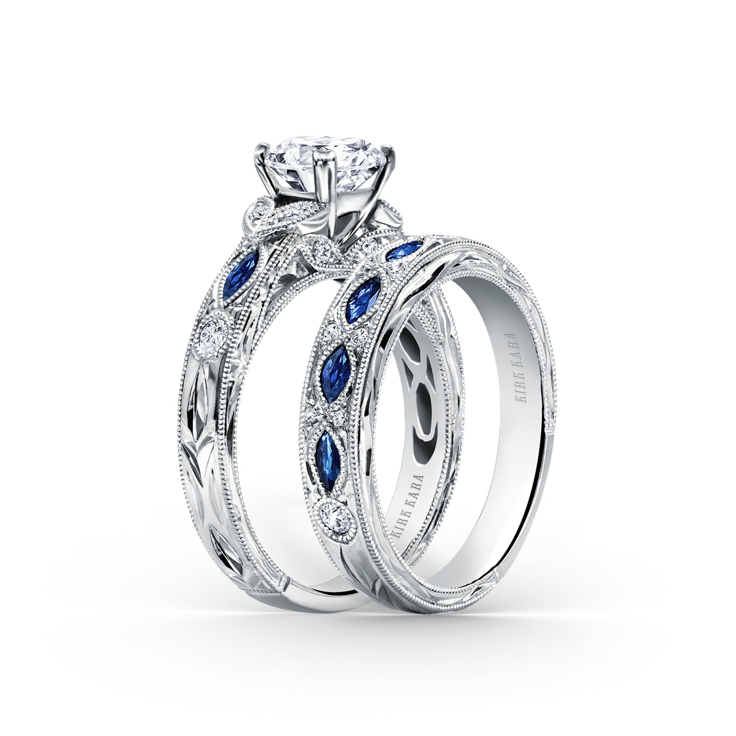 Blue Sapphire Floral Diamond Engraved Engagement Ring